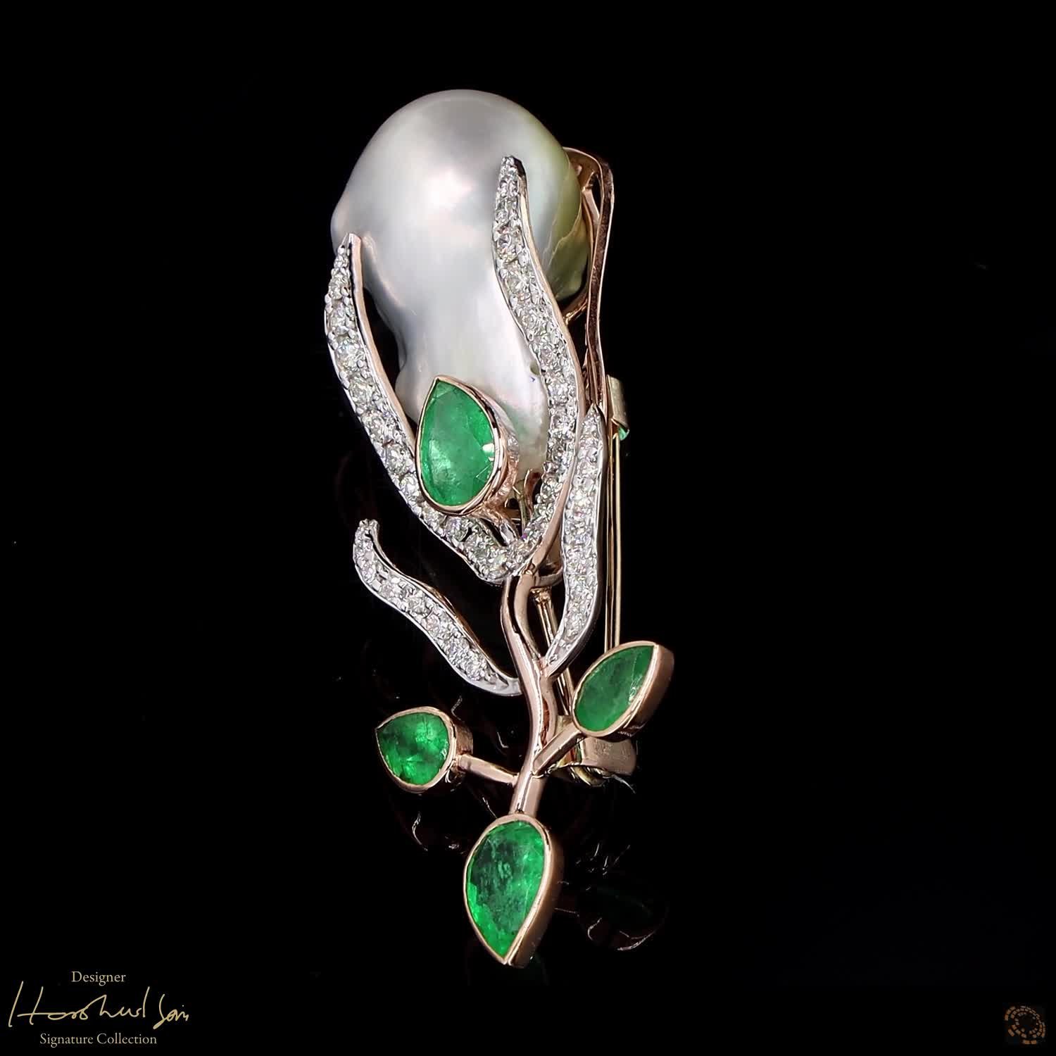 Keshi Pearl & Emerald Brooch