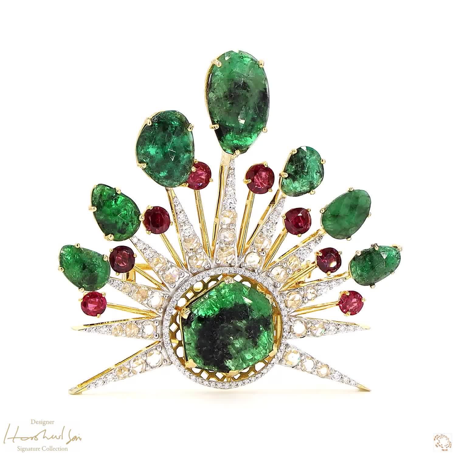 Emerald, Ruby & Rose-cut Brooch
